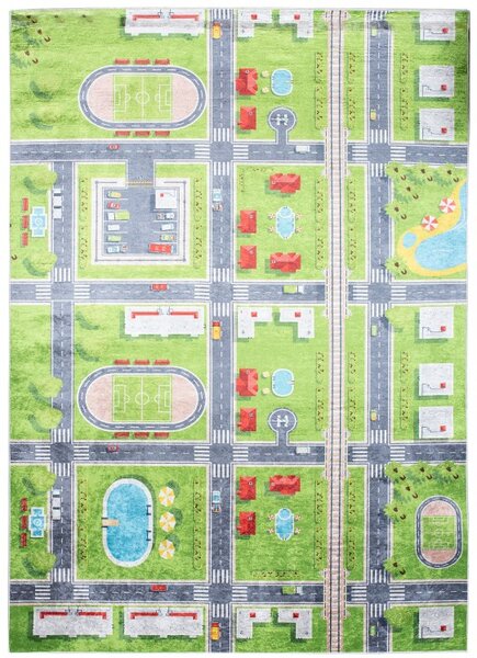 Makro Abra Dětský kusový koberec vhodný k praní BAMBINO 9033 Město Ulice Fotbalový stadión pogumovaný zelený modrý Rozměr: 120x170 cm