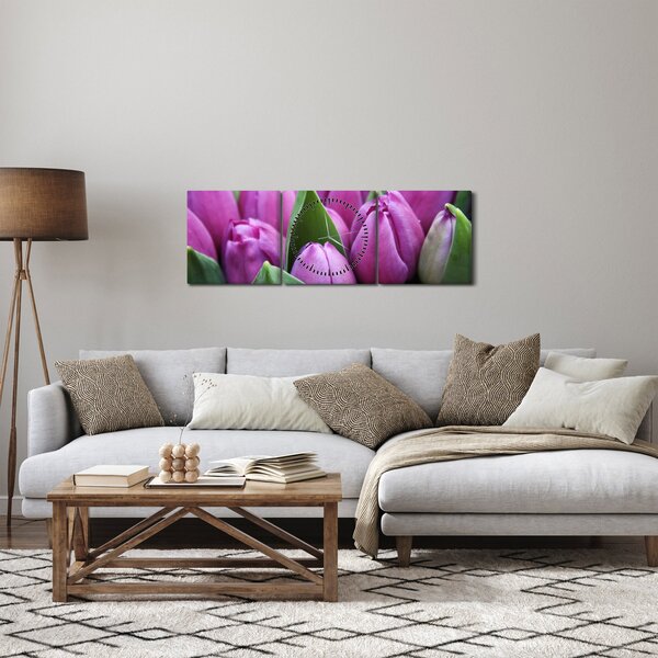 Obraz - květy tulipánů (s hodinami) (90x30 cm)