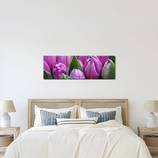Obraz - květy tulipánů (s hodinami) (90x30 cm)