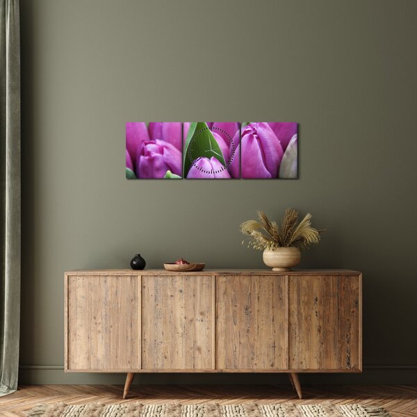 Obraz - květy tulipánů (s hodinami) (90x30 cm)