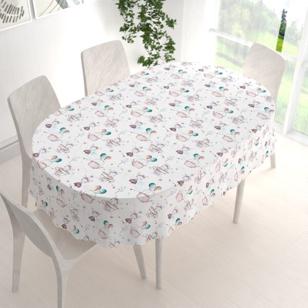 Biante Dětský bavlněný oválný ubrus Sandra SA-372 Myšky a konvičky na bílém 100x140 cm