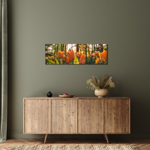 Obraz - květy tulipánů (s hodinami) (90x30 cm)