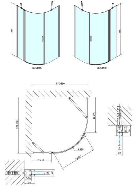 Polysan Polysan, ZOOM LINE BLACK čtvrtkruhová sprchová zástěna 900x900mm, čiré sklo, levá, ZL2615BL