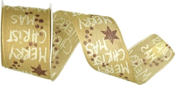 Vánoční stuha látková MERRY CHRISTMAS béžová 40 mm x 2m (7,50Kč/m)