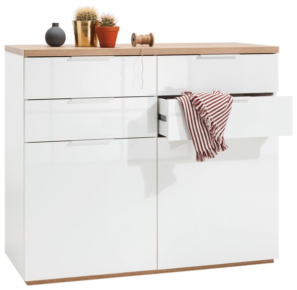 KOMODA, barvy dubu, vysoce lesklá bílá, 120/102/50 cm Carryhome - Široké komody
