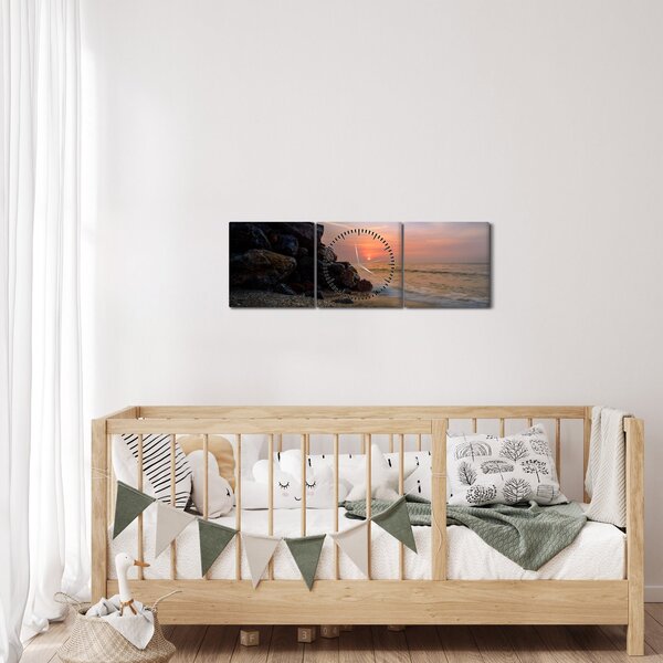 Obraz západu slunce na pláži (s hodinami) (90x30 cm)