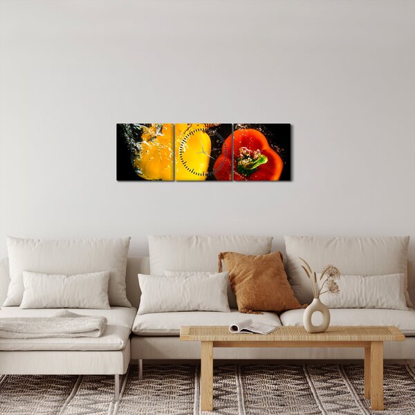 Obraz - papriky ve vodě (s hodinami) (90x30 cm)