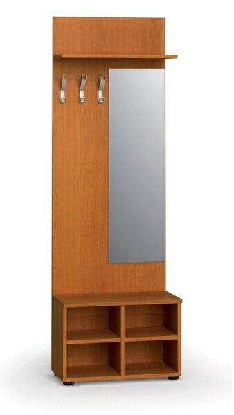 Věšáková stěna s botníkem a zrcadlem PRIMO WOOD, 3 háčky, police, třešeň