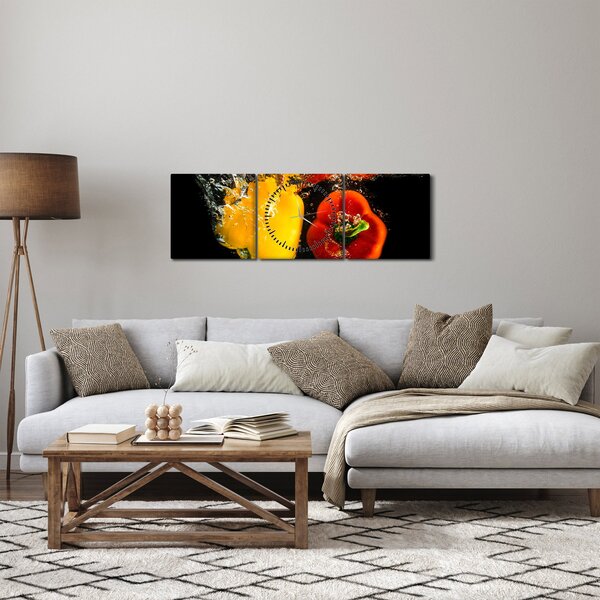 Obraz - papriky ve vodě (s hodinami) (90x30 cm)