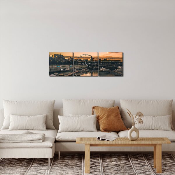 Obraz - přístavní městečko (s hodinami) (90x30 cm)