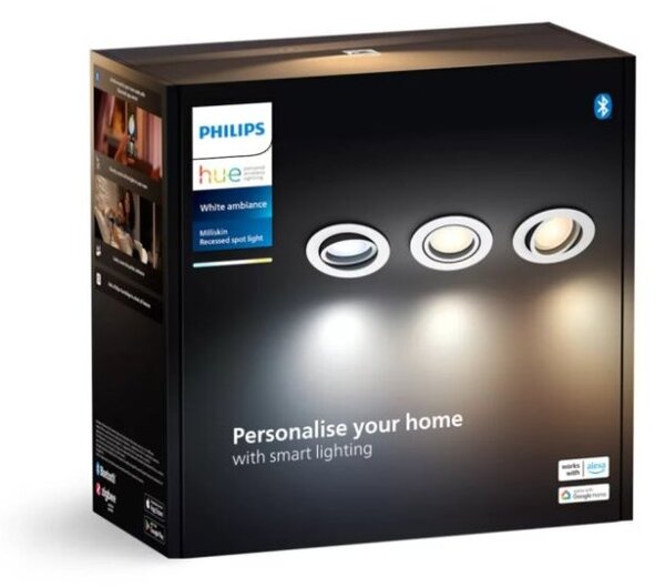 Philips HUE White Ambiance 8720169319936 Milliskin zápustné svítidlo GU10 3x4,2W/400lm 2200-6500K bílá BlueTooth 3-set
