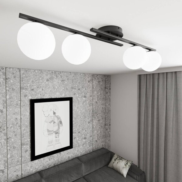 EMIBIG LIGHTING Stropní světlo Kairo, černé/opálové, délka 87 cm, 4-bodové., stmívatelný, Černá, Obývací pokoj / jídelna, kov, Moderní