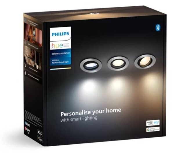 Philips HUE White Ambiance 8720169319813 Milliskin zápustné svítidlo GU10 3x4,2W/400lm 2200-6500K hliník BlueTooth 3-set
