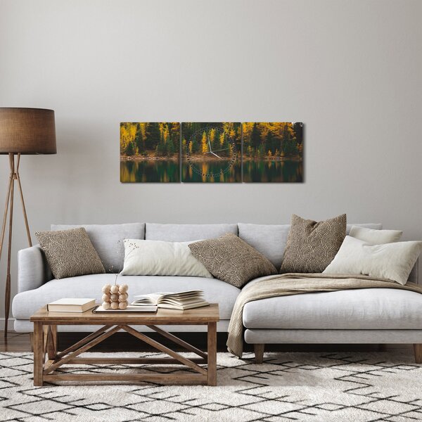 Obraz lesního jezera (s hodinami) (90x30 cm)