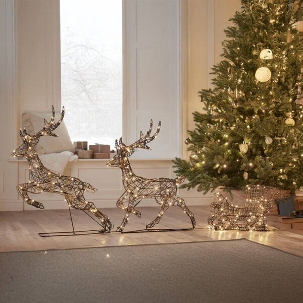 DECOLED 3D LED svítící jeleni a sáně, 180 × 86 × 18 cm, teple bílá, 380 LED, drát, hnědá, IP44