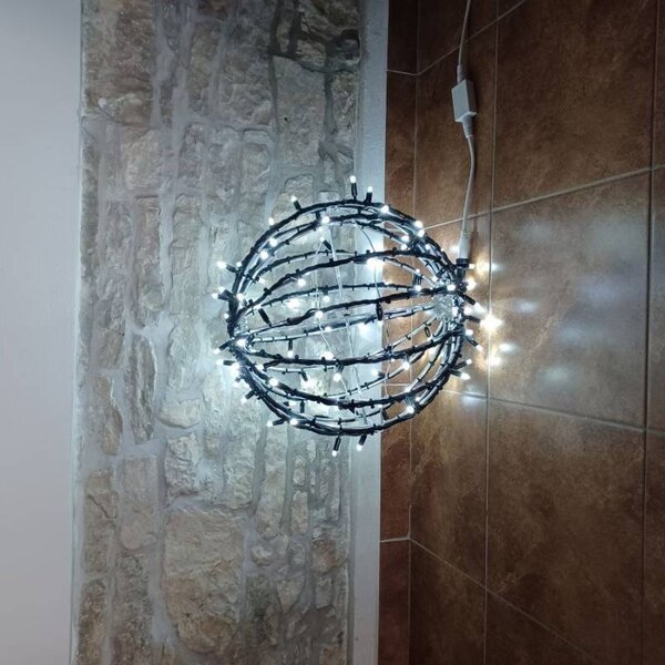 DECOLED 3D LED svítící koule na zahradu, pr. 40 cm, ledově bílá, černý kabel, IP67, hliník, Easy fix