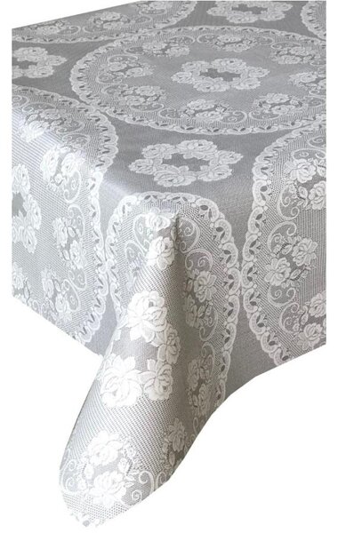 Ubrus PVC 3581288, metráž, 20 m x 140 cm, bílé krajky s růžičkami na šedém podkladu, IMPOL TRADE