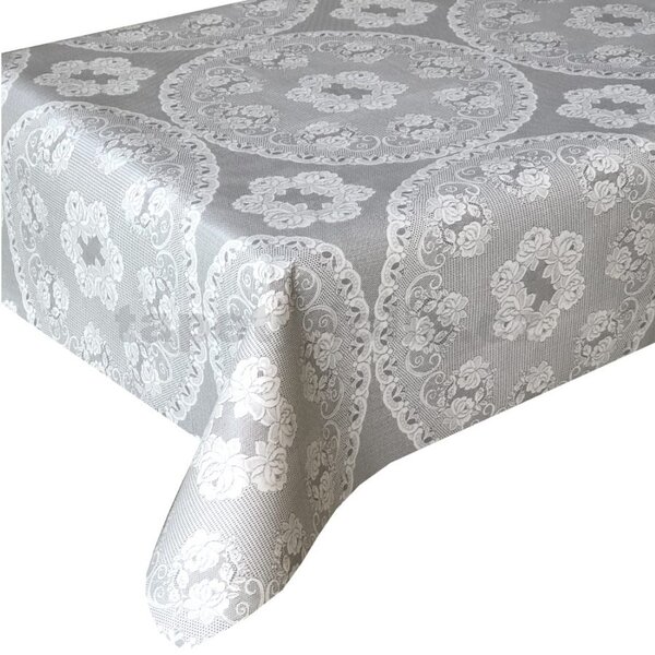 Ubrus PVC 3581288, metráž, 20 m x 140 cm, bílé krajky s růžičkami na šedém podkladu, IMPOL TRADE