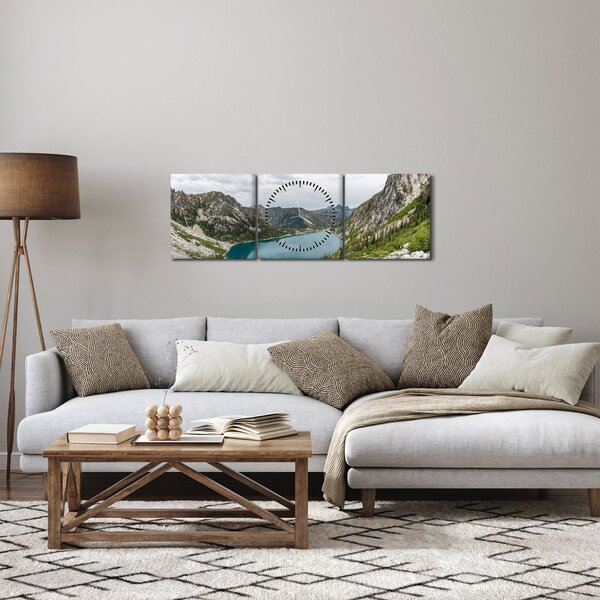 Obraz jezera v horách (s hodinami) (90x30 cm)