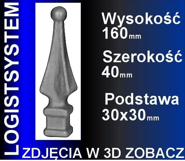 LogistSystem 1 ks ozdobná kovová špička – 160 x 40 mm (V x Š) / základna: 32 x 32 mm, dekorace na plot 40.093