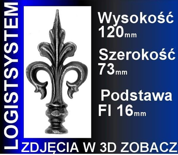 LogistSystem 1 ks ozdobná kovová špička 120 x 73 mm (V x Š) / ∅ 16, dekorace na plot 40.112.01