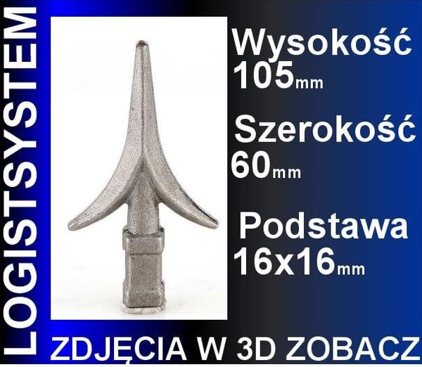 LogistSystem 1 ks ozdobná kovová špička – 105 x 60 mm (V x Š) / základna: 16 x 16, dekorace na plot 40.162