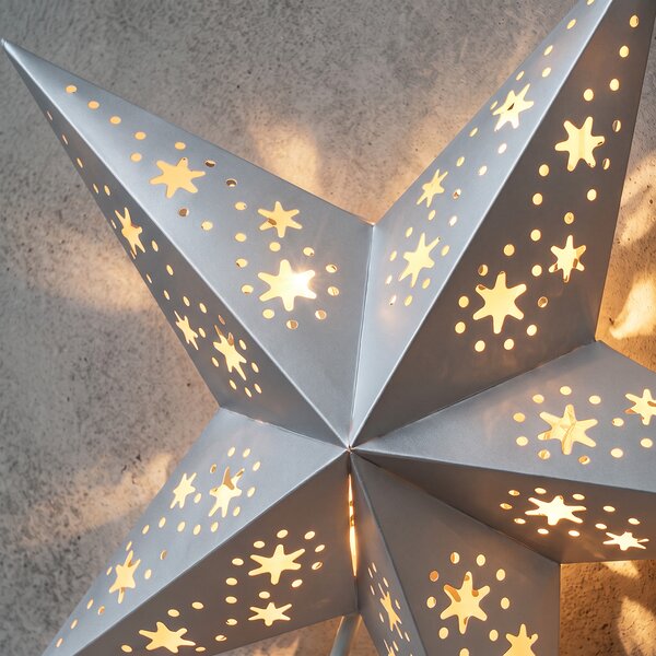 SOLIGHT LED vánoční hvězda stolní na stojánku, 10 LED, 45cm, časovač, stříbrná