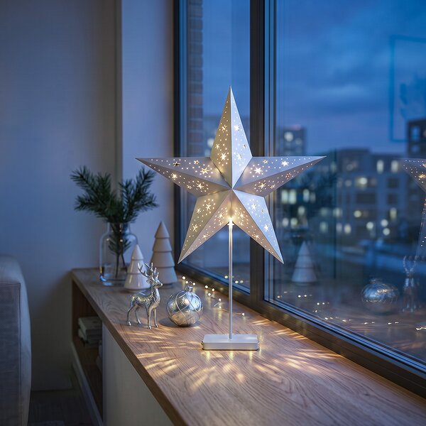 SOLIGHT LED vánoční hvězda stolní na stojánku, 10 LED, 45cm, časovač, stříbrná