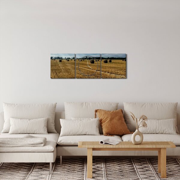 Obraz sklizeného obilného pole (s hodinami) (90x30 cm)