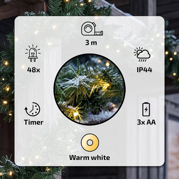 SOLIGHT LED vánoční girlanda s hustým jehličím, 48 LED, 3m, časovač, 3x AA, IP44, teplá bílá