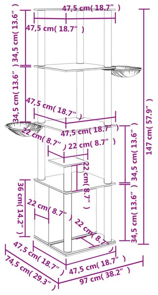 Škrabadlo pro kočky se sisalovými sloupky světle šedé 147 cm 171781