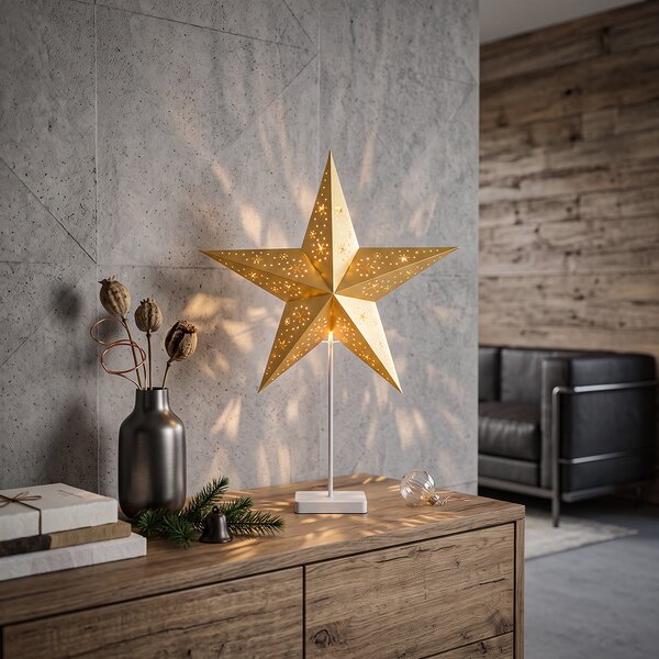 SOLIGHT LED vánoční hvězda stolní na stojánku, 10 LED, 45cm, časovač, zlatá