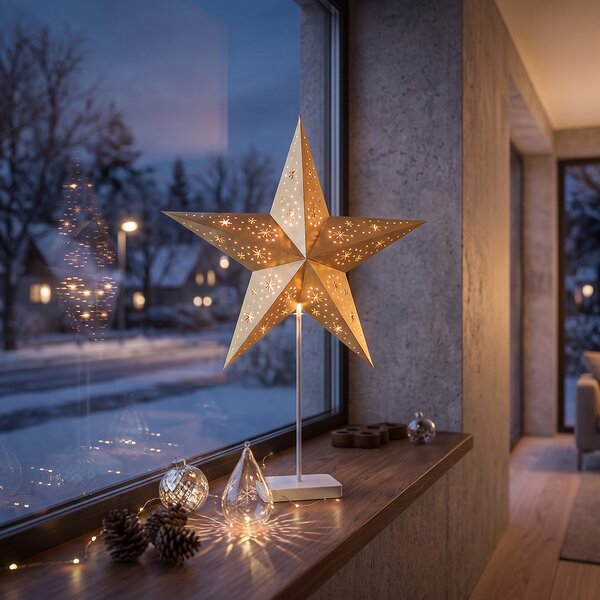 SOLIGHT LED vánoční hvězda stolní na stojánku, 10 LED, 45cm, časovač, zlatá