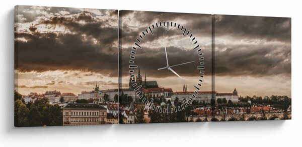 Obraz - zamračená Praha (s hodinami) (90x30 cm)