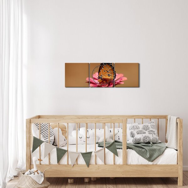 Obraz motýla na květině (s hodinami) (90x30 cm)