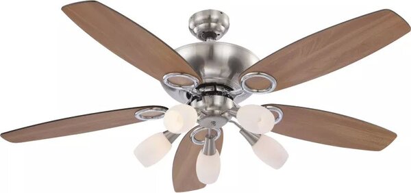 GLOBO 0337 JERRY stropní ventilátor s osvětlením na pětici 5xE14 1300 mm s tahovým vypínačem nikl