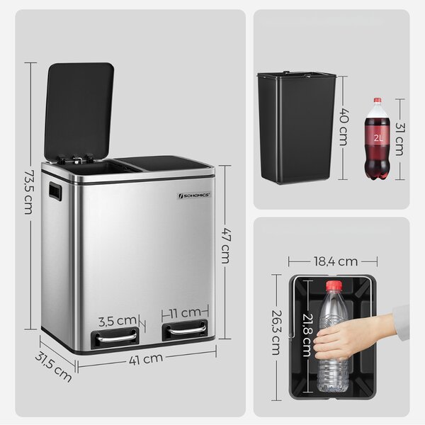 Koš na třídění odpadu SORT 30l (2×15l), stříbrná/černá SongmicsHome