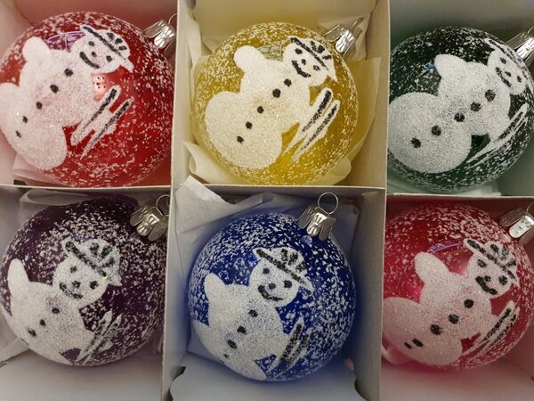 Slezská tvorba Sada skleněných vánočních ozdob koule průhledné barevné bílý sněhulák