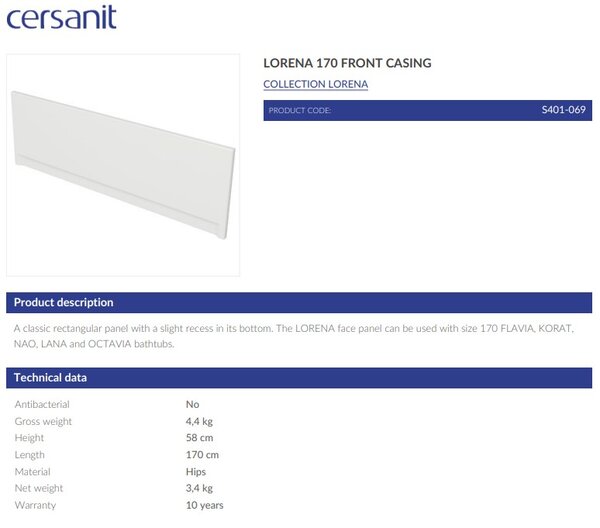Cersanit Lorena - univerzální čelní panel k vaně 170 cm série FLAVIA, KORAT, NAO, LANA, OCTAVIA, S401-069