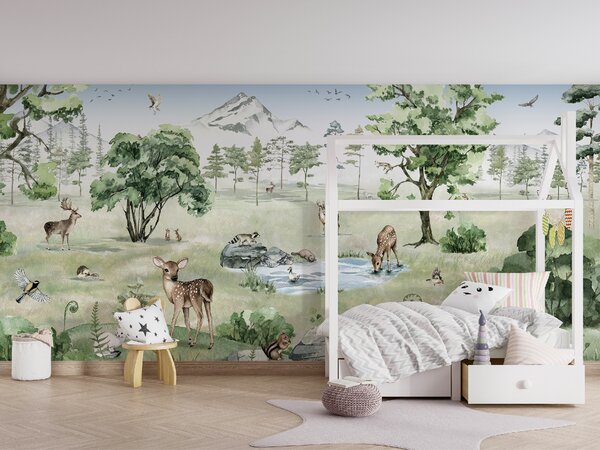 FUGU Tapeta pro děti lesní zvířátka - Deer Forest summer Materiál: Digitální eko vlies - klasická tapeta nesamolepicí