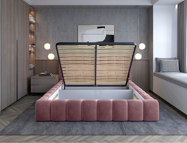 Růžová čalouněná dvoulůžková postel s úložným prostorem s roštem 180x200 cm Lamica – ELTAP