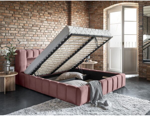 Růžová čalouněná dvoulůžková postel s úložným prostorem s roštem 180x200 cm Lamica – ELTAP