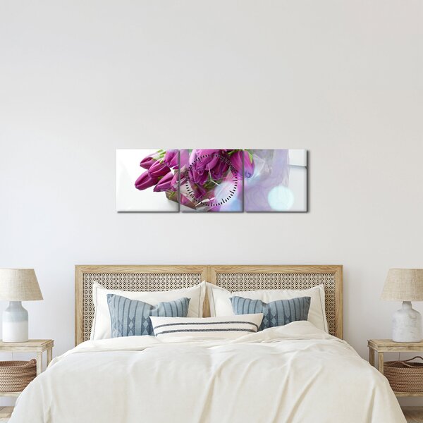 Obraz - kytice tulipánů (s hodinami) (90x30 cm)