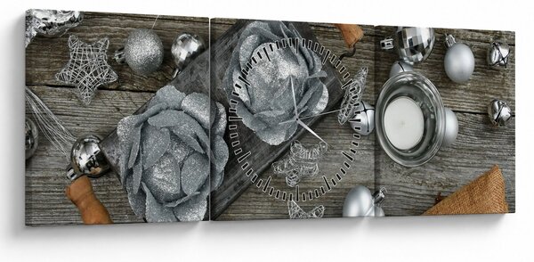 Obraz - stříbrné vánoční dekorace (s hodinami) (90x30 cm)