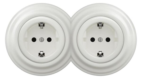 Reblig -Dvojitá retro zásuvka domovní s rámečkem SCHUKO 230V keramická bílá