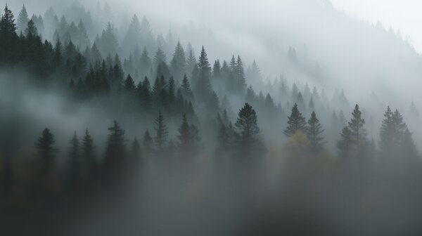 FUGU Tapeta na zeď les v mlze - Foggy forest Materiál: Digitální eko vlies - klasická tapeta nesamolepicí