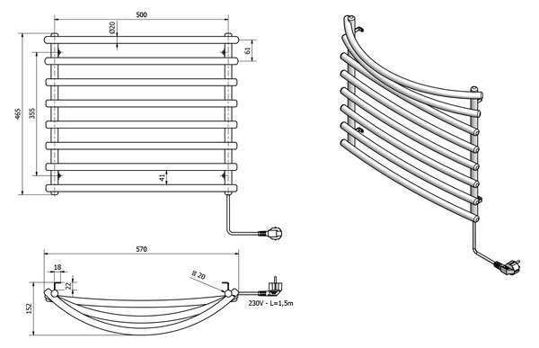 Aqualine Aqualine, Elektrický sušák ručníků, 570x465 mm, 72 W, bílý, SU110A