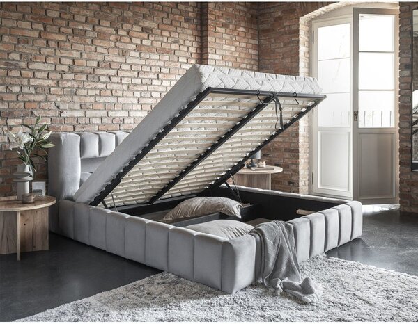 Světle šedá čalouněná dvoulůžková postel s úložným prostorem s roštem 140x200 cm Lamica – ELTAP