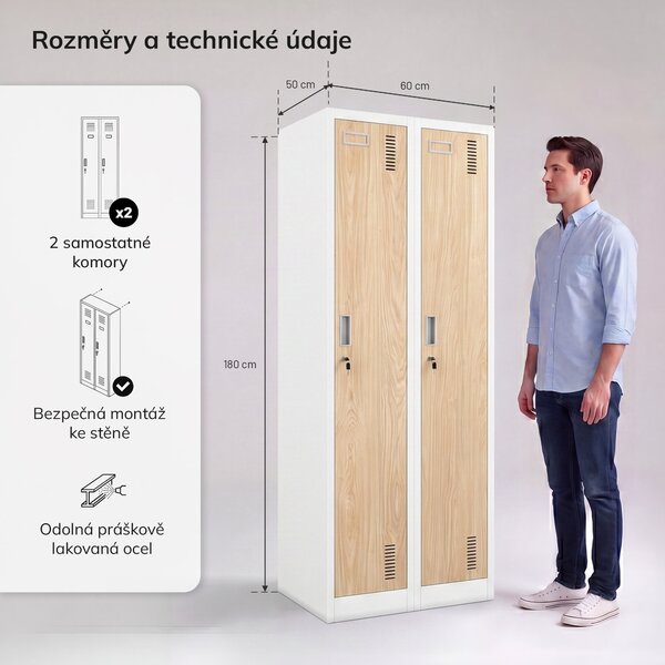 Dvoukomorová zaměstnanecká skříňka bílá / dub sonoma: Eco Design KACPER II, 600 x 1800 x 500 mm