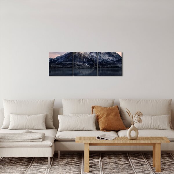 Obraz jezera s horou (s hodinami) (90x30 cm)